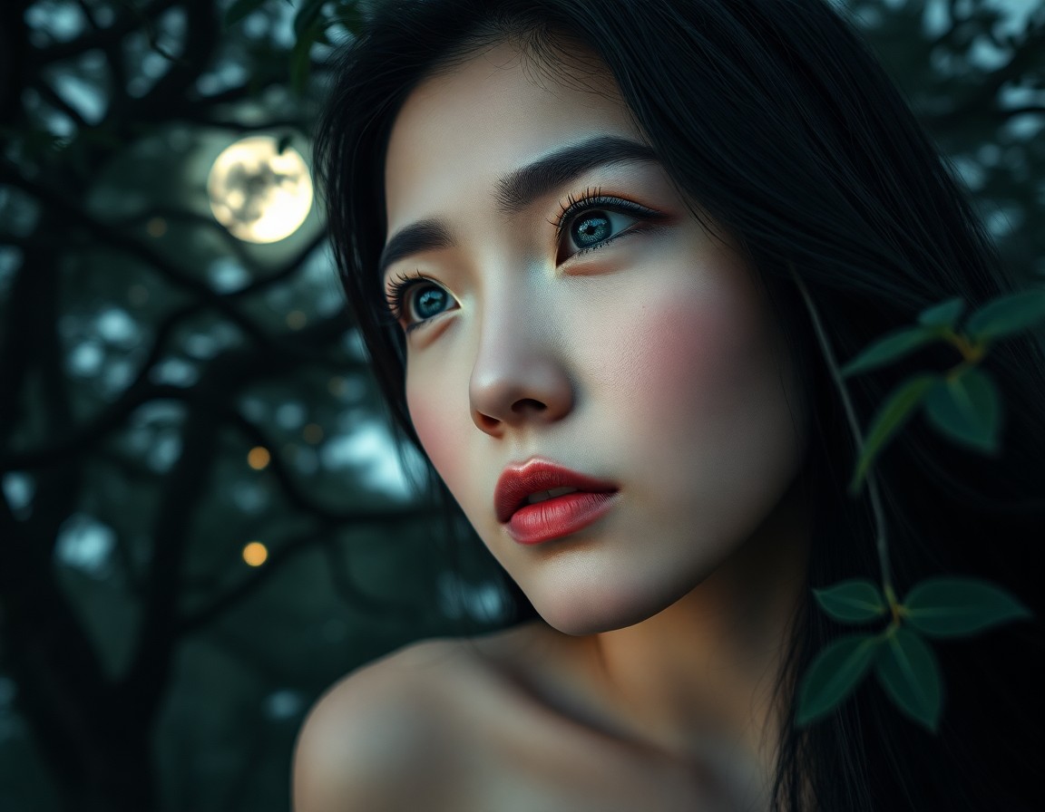 AI generated art for prompt: A close-up portrait reveals an enigmatic East Asian woman with melancholic blue eyes and a mysteriou