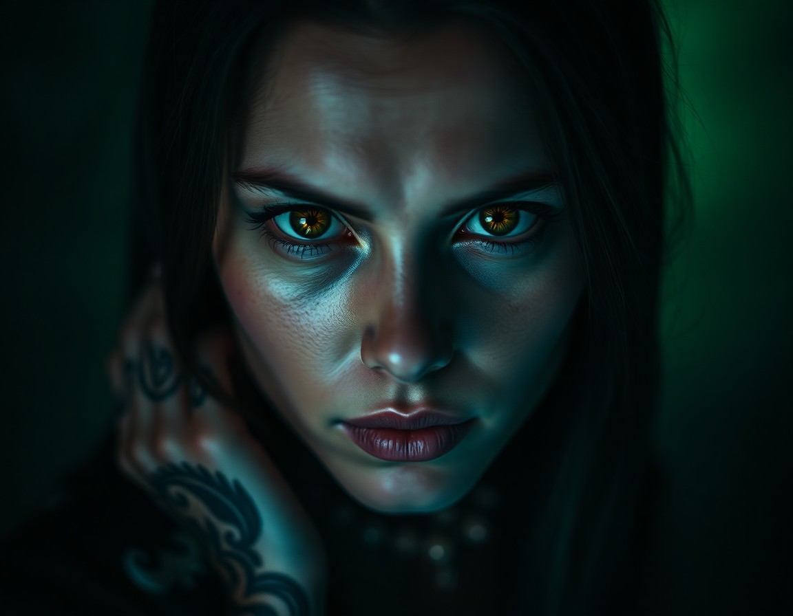 AI generated art for prompt: A portrait photograph showcases a Central Asian woman with captivating amber eyes and intricate tatt