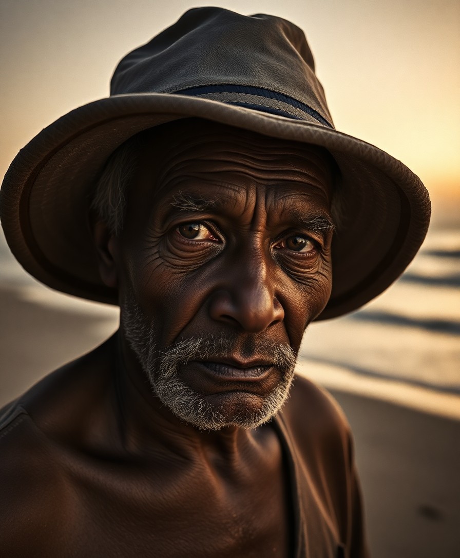 AI generated art for prompt: Craft a vintage black-and-white film photography portrait of an elderly Melanesian man bathed in war