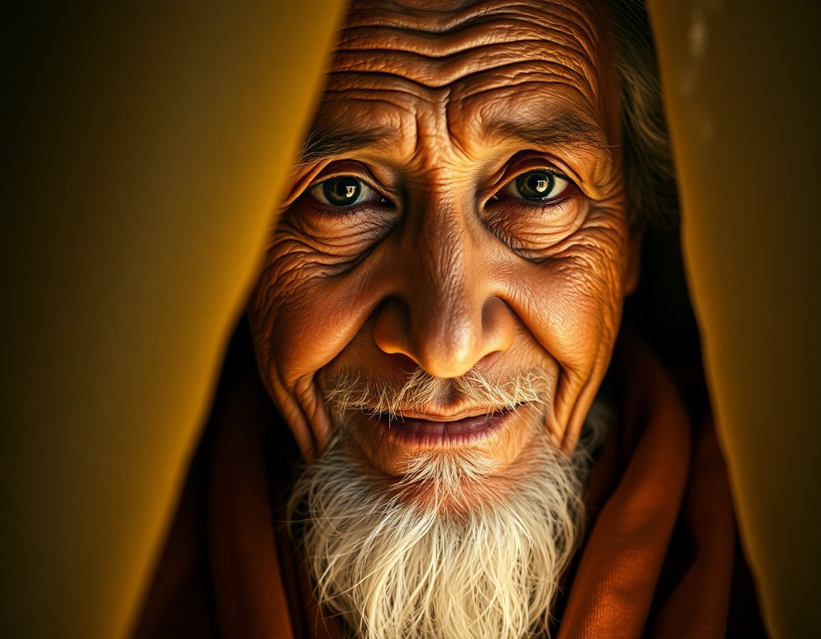 AI generated art for prompt: An enigmatic portrait of an aged mystic reveals itself through soft golden light filtering through l