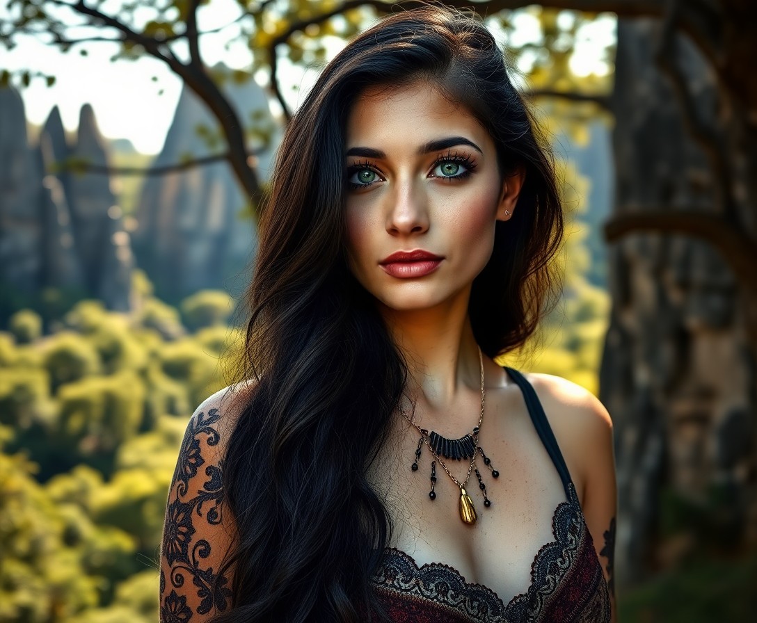 AI generated art for prompt: A photorealistic portrait photograph depicts a captivating Slavic woman with enigmatic green eyes, c