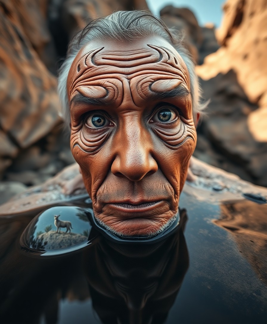 AI generated art for prompt: A photorealistic portrait of an indigenous elder, their furrowed features reflecting a lifetime of w