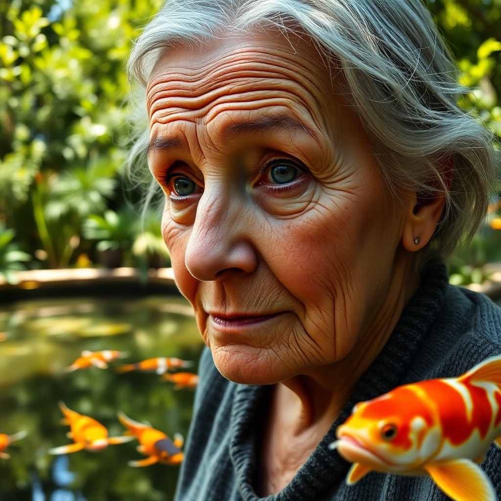 AI generated art for prompt: A photorealistic portrait of an elderly Western European woman in a peaceful garden setting by a koi