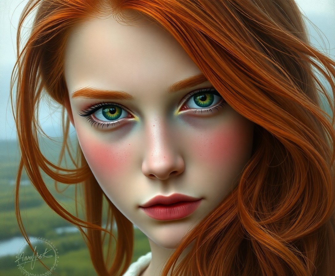 AI generated art for prompt: Craft a super-realistic portrait of a young Nordic woman with vibrant green eyes, rosy cheeks, and d