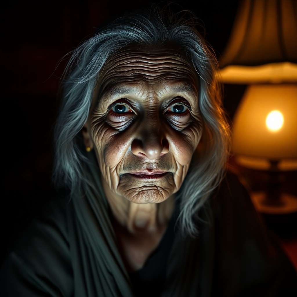 AI generated art for prompt: Craft an ultra-realistic portrait of an elderly South Asian woman with deep wrinkles and shy blue ey