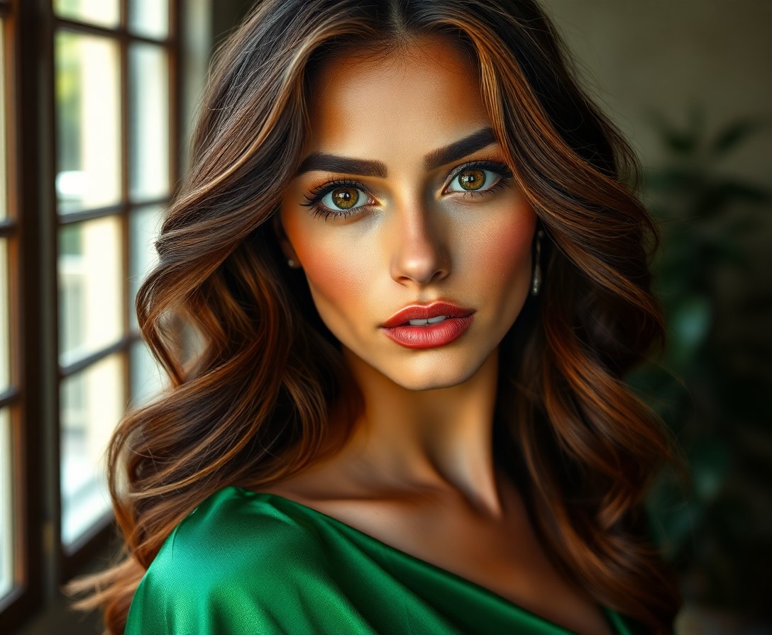 AI generated art for prompt: Envision an ultrarealistic portrait of a captivating Middle Eastern woman with cascading wavy chestn