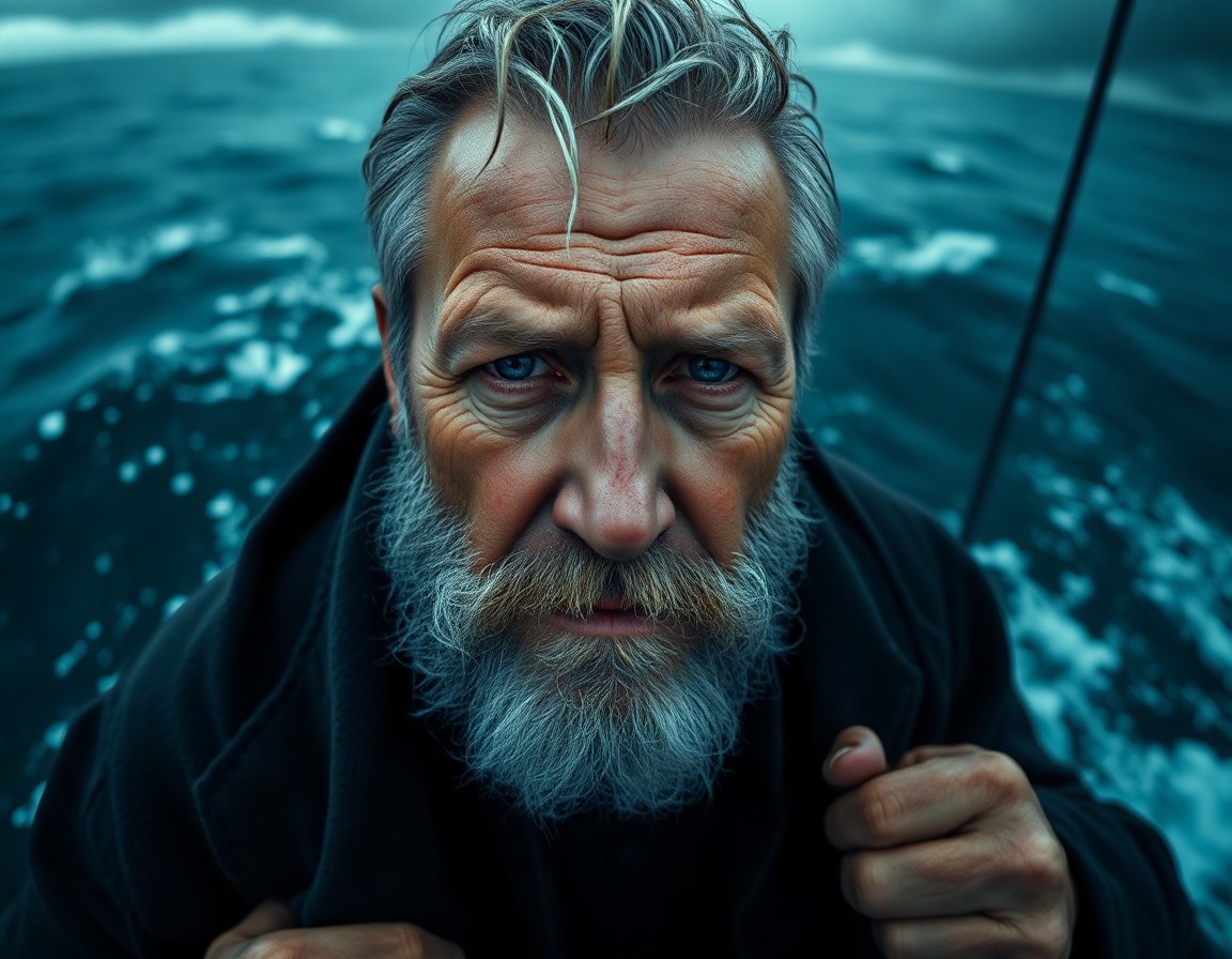 AI generated art for prompt: A photorealistic portrait of a middle-aged fisherman with rugged features, a salt-and-pepper beard, 