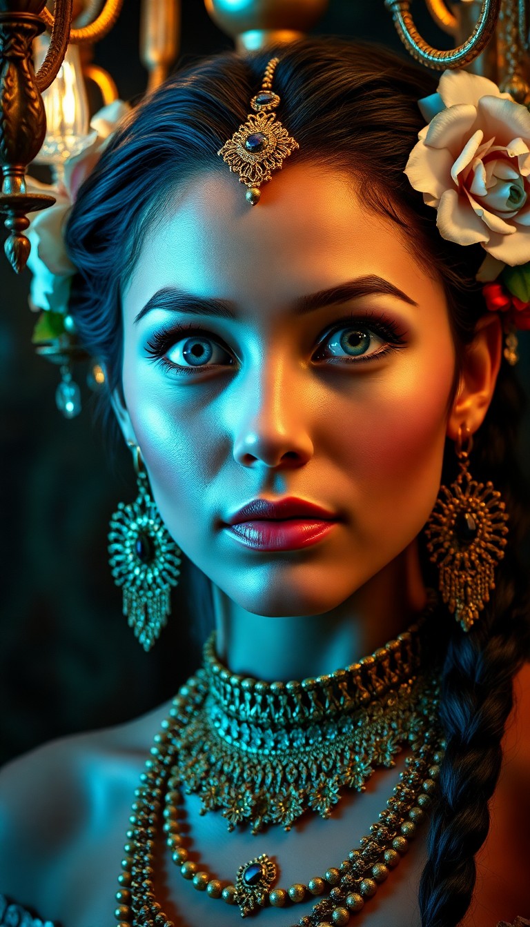 AI generated art for prompt: Craft a Renaissance-inspired portrait of a captivating Polynesian woman with mystical blue eyes. Ado