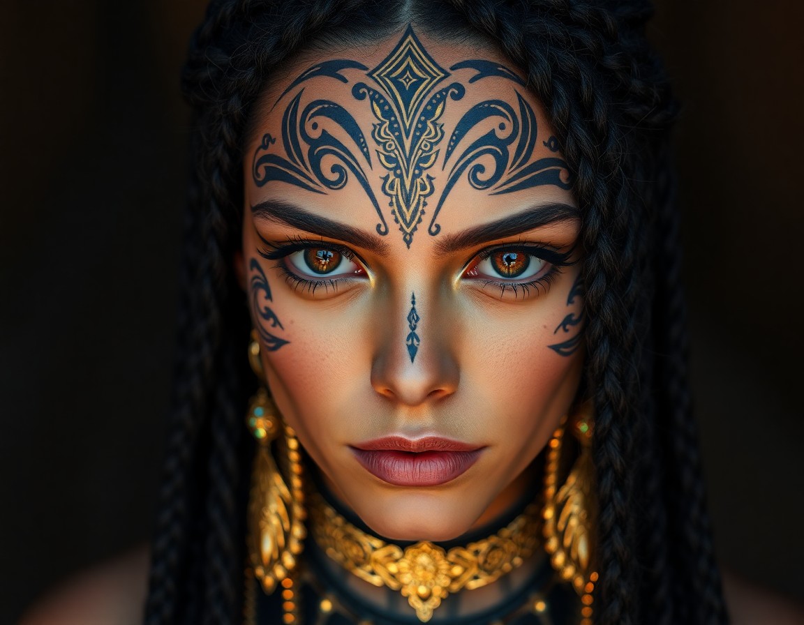 AI generated art for prompt: Portray a mystic sorceress with an iPhone's photorealistic lens, merging traditional tribal art and 