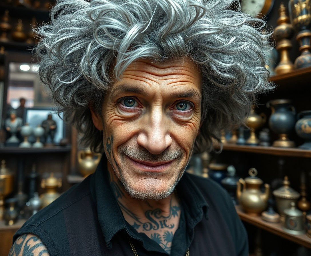 AI generated art for prompt: Craft a hyperrealist portrait capturing an enigmatic antique shop owner with piercing eyes and a mys