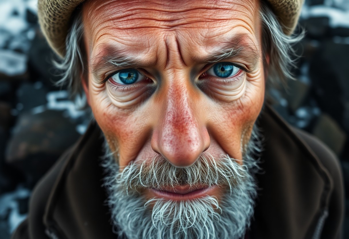 AI generated art for prompt: An experienced sea captain's portrait showcases rugged, sun-kissed skin and wistful blue eyes amidst