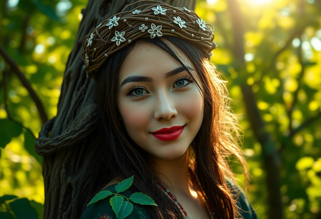 AI generated art for prompt: A captivating portrait of a Central Asian woman with distant green eyes, her enigmatic gaze fixed up