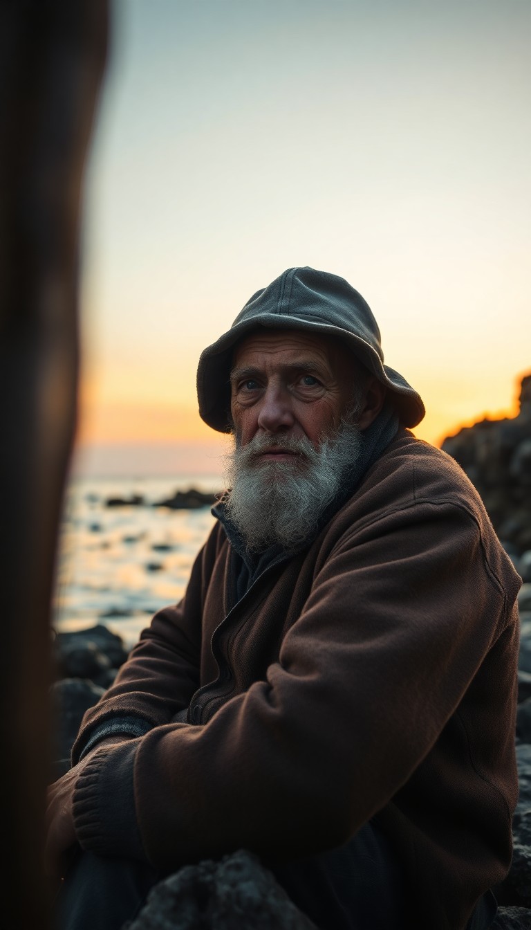 AI generated art for prompt: Craft a serene yet enigmatic portrait of an elderly fisherman, viewed from an uncommon eye-level per