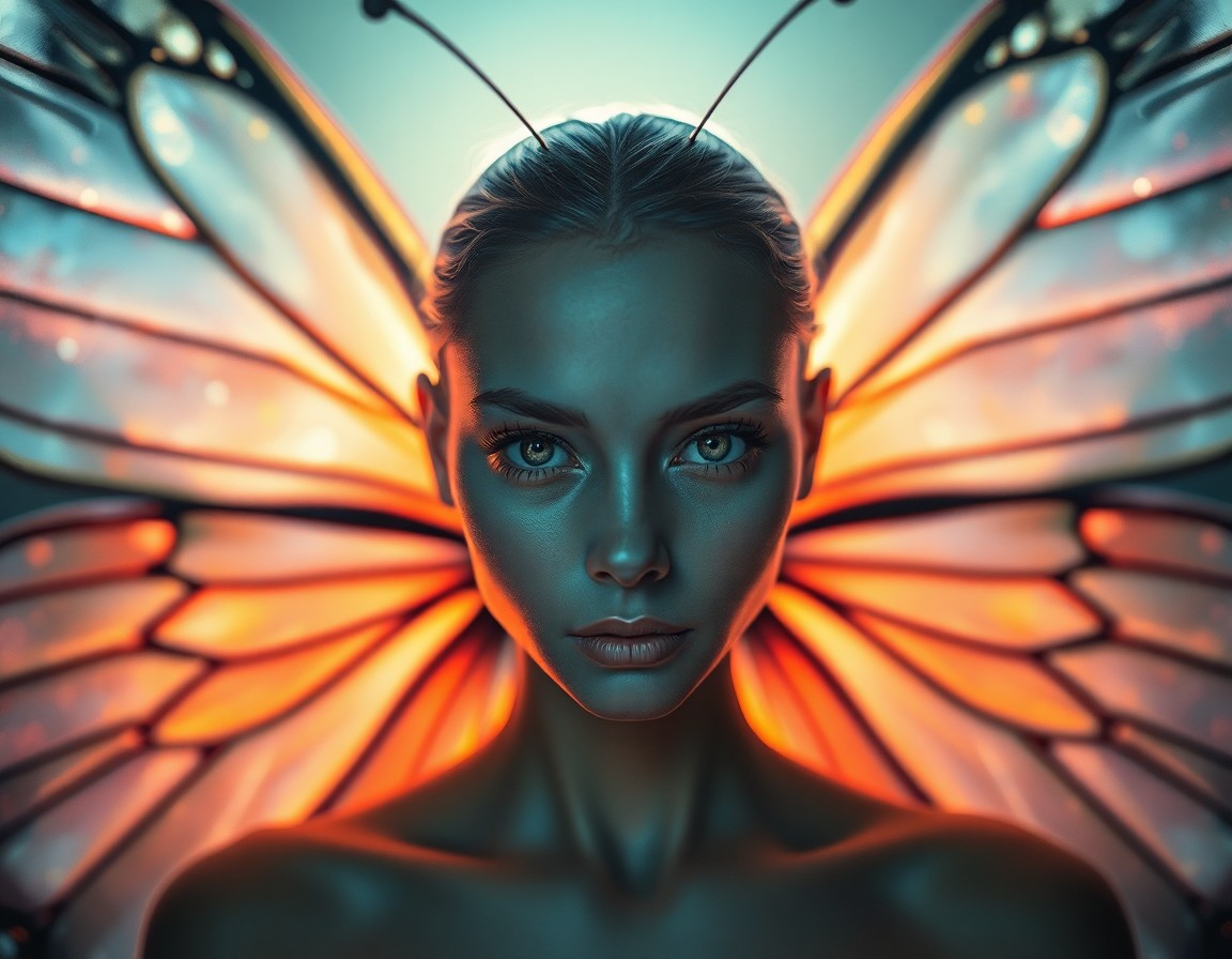 AI generated art for prompt: Envision an intimate close-up portrait of an enigmatic figure, their striking luminescent butterfly 