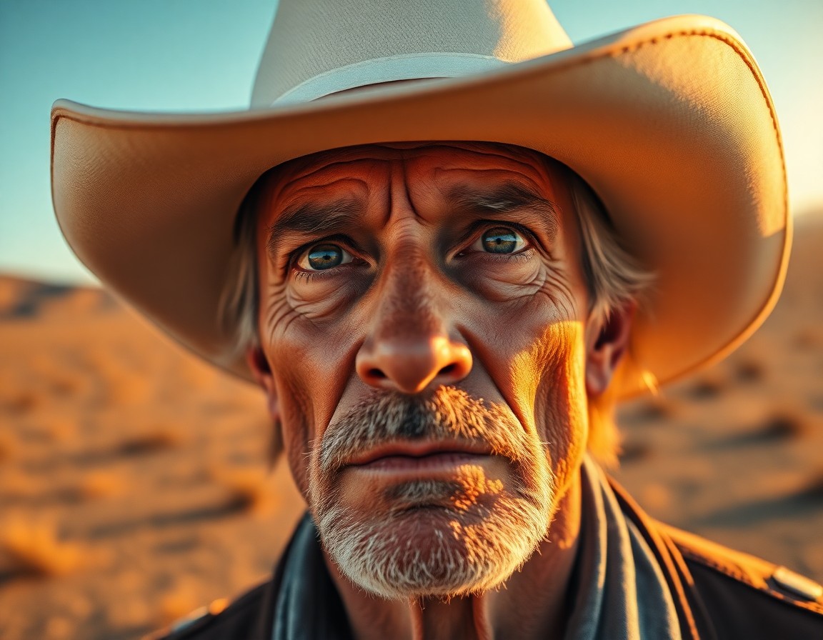 AI generated art for prompt: A close-up portrait of a weathered cowboy in his late sixties, with rugged features and piercing blu