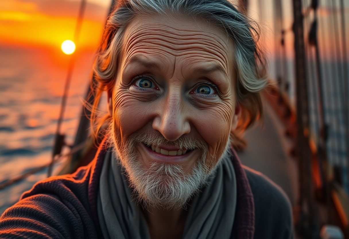 AI generated art for prompt: A portrait photograph captures an aged woman with excited eyes, her face bearing tales of countless 