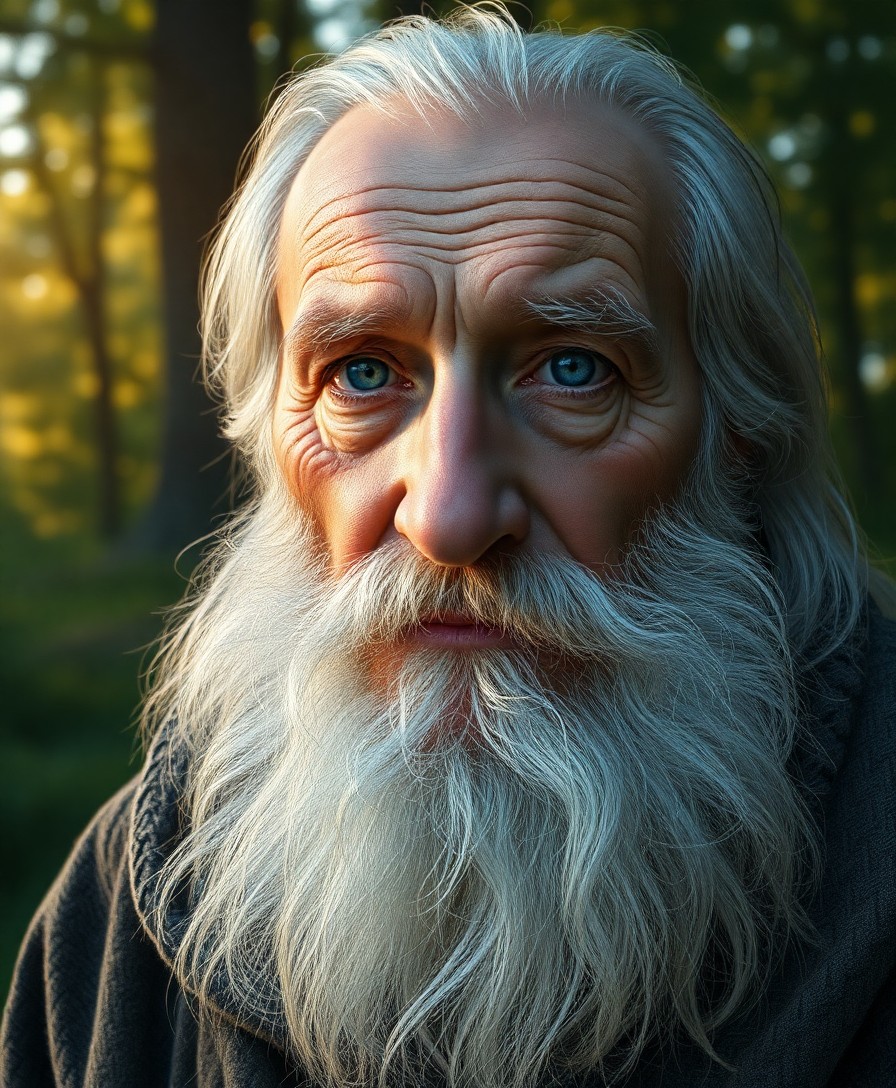 AI generated art for prompt: Envision an ultrarealistic portrait of a wise old sage with kind blue eyes and weathered features, h