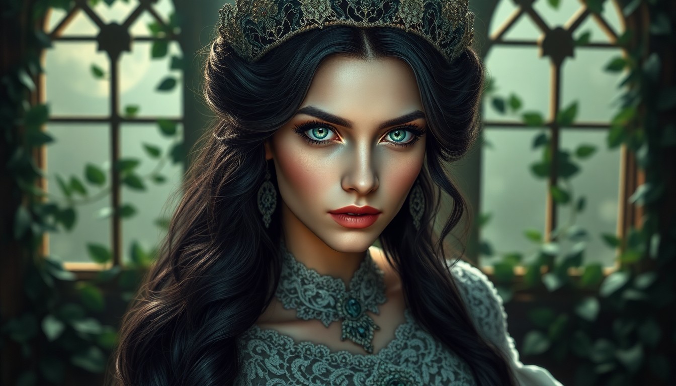 AI generated art for prompt: Craft a super-realistic portrait of an enigmatic enchantress with mesmerizing emerald eyes and casca