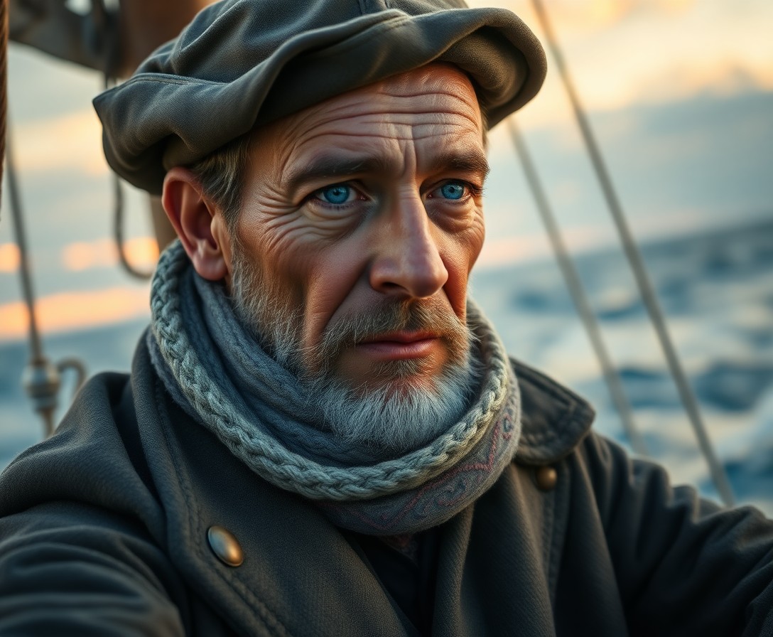 AI generated art for prompt: Craft a photorealistic portrait of a seasoned sailor with misty blue eyes and rugged features, his g