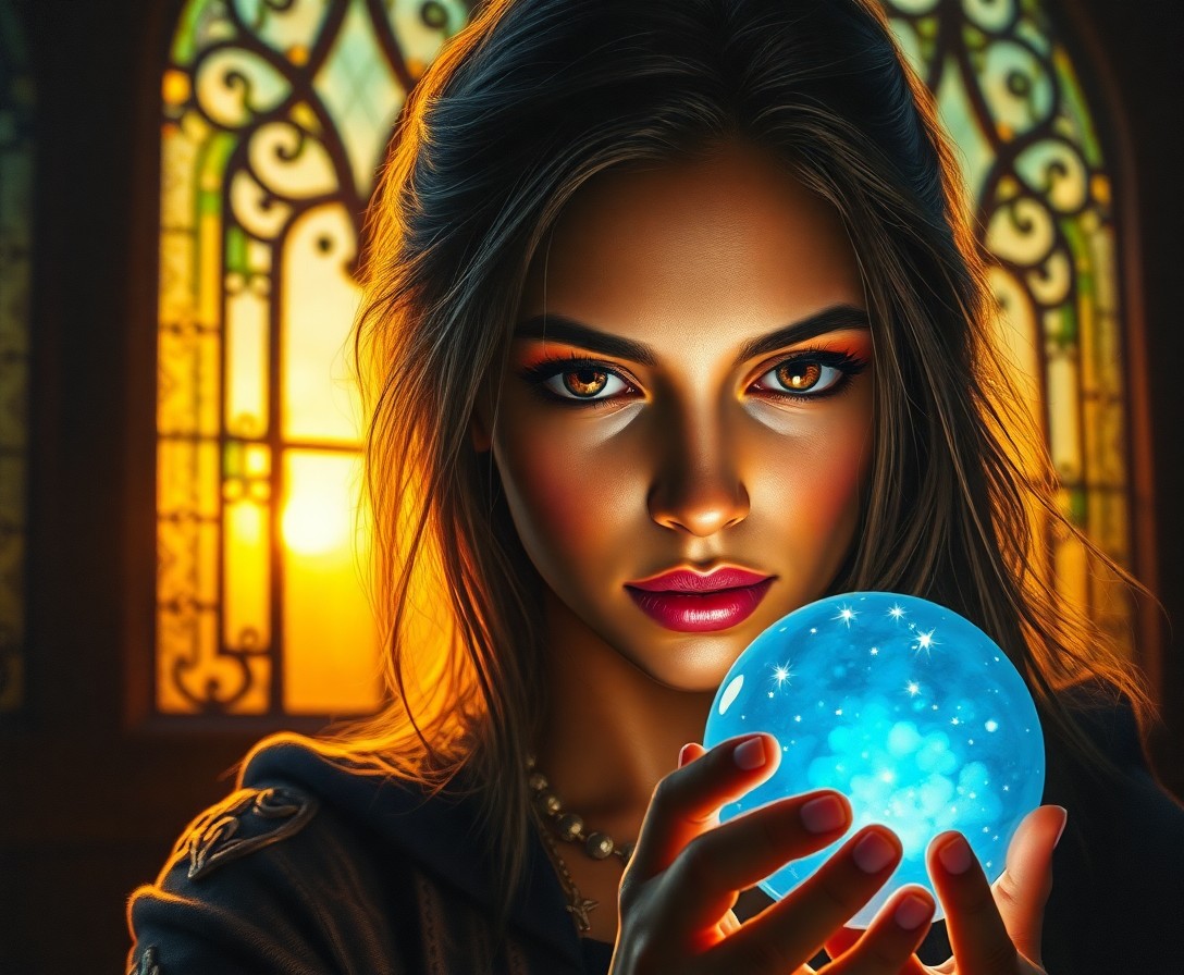 AI generated art for prompt: Craft a hyperrealistic oil painting of an enigmatic fortune teller with captivating eyes and an air 