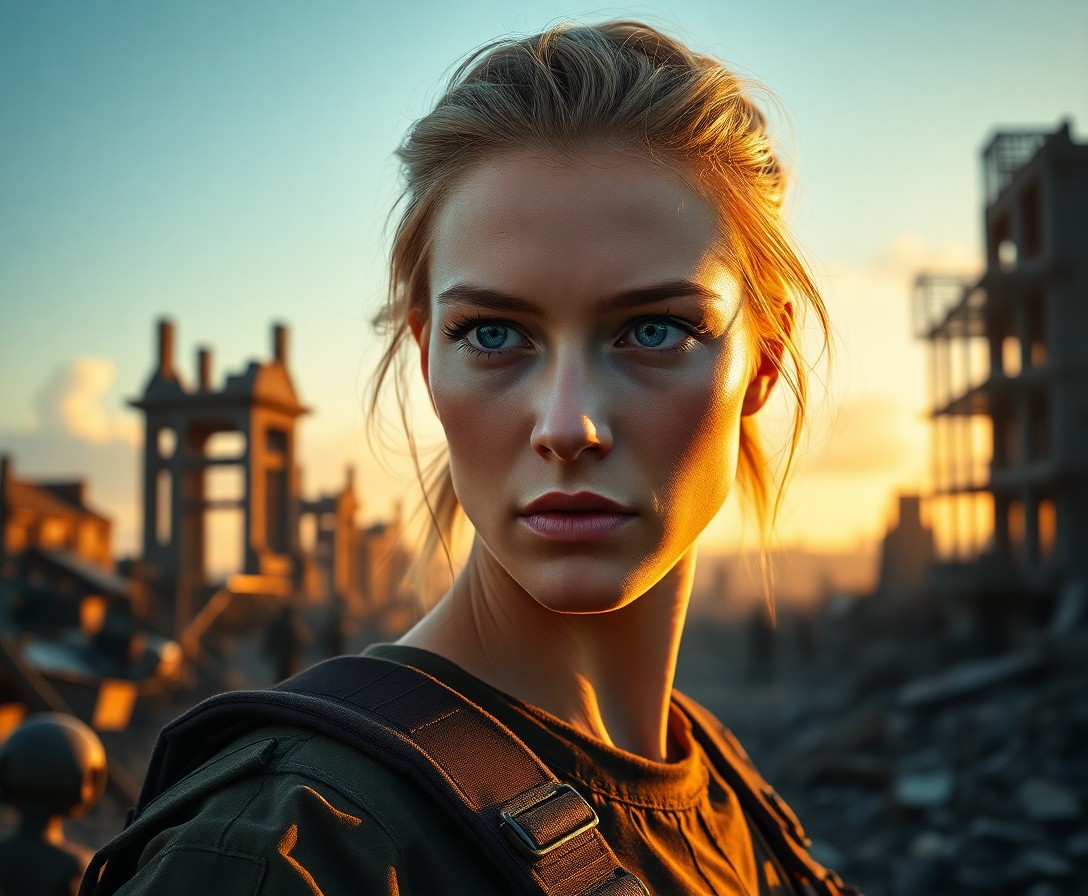 AI generated art for prompt: A hyperrealistic portrait showcases a stoic female soldier's side profile against a post-apocalyptic