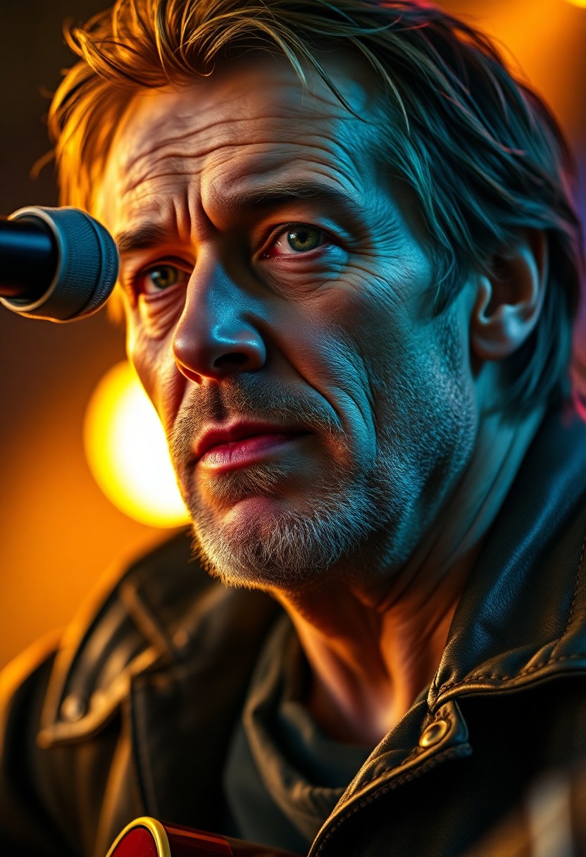 AI generated art for prompt: A captivating photorealistic portrait depicts a middle-aged musician with hazy green eyes and rugged