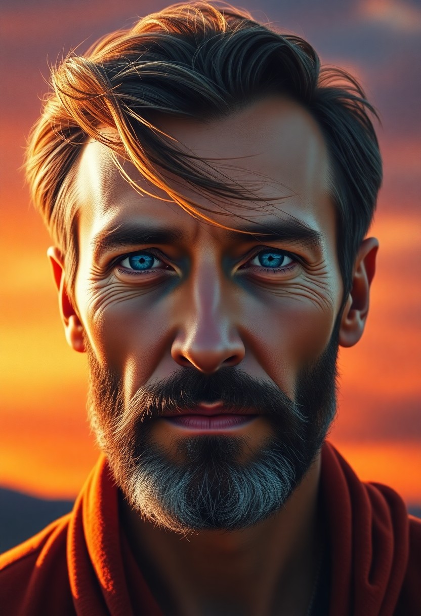 AI generated art for prompt: Create a hyperrealistic oil painting portrait of a Central Asian man with striking blue eyes and rug