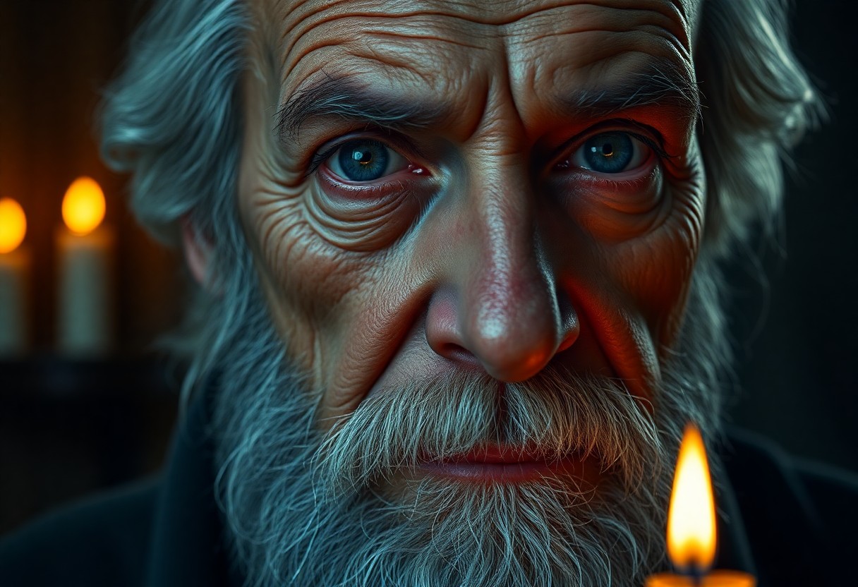 AI generated art for prompt: A hyperrealistic portrait showcases an elderly gentleman with a beard and tranquil blue eyes, his en