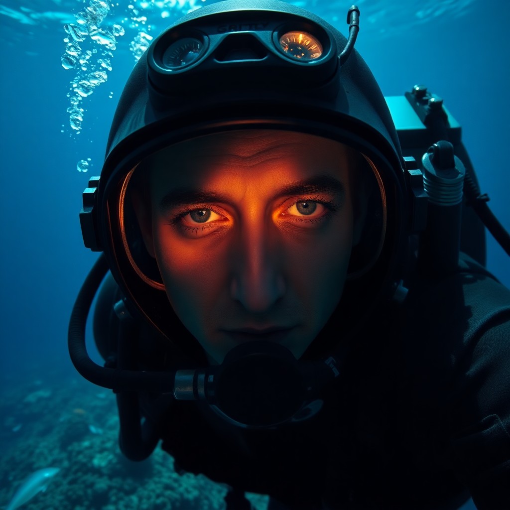 AI generated art for prompt: Craft a hyper-realistic Renaissance chiaroscuro portrait of a deep-sea diver from an underwater pers