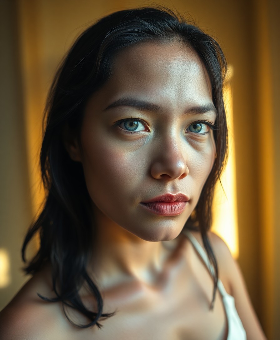 AI generated art for prompt: A young Micronesian woman with captivating blue eyes and raven hair sits in soft golden sunlight str