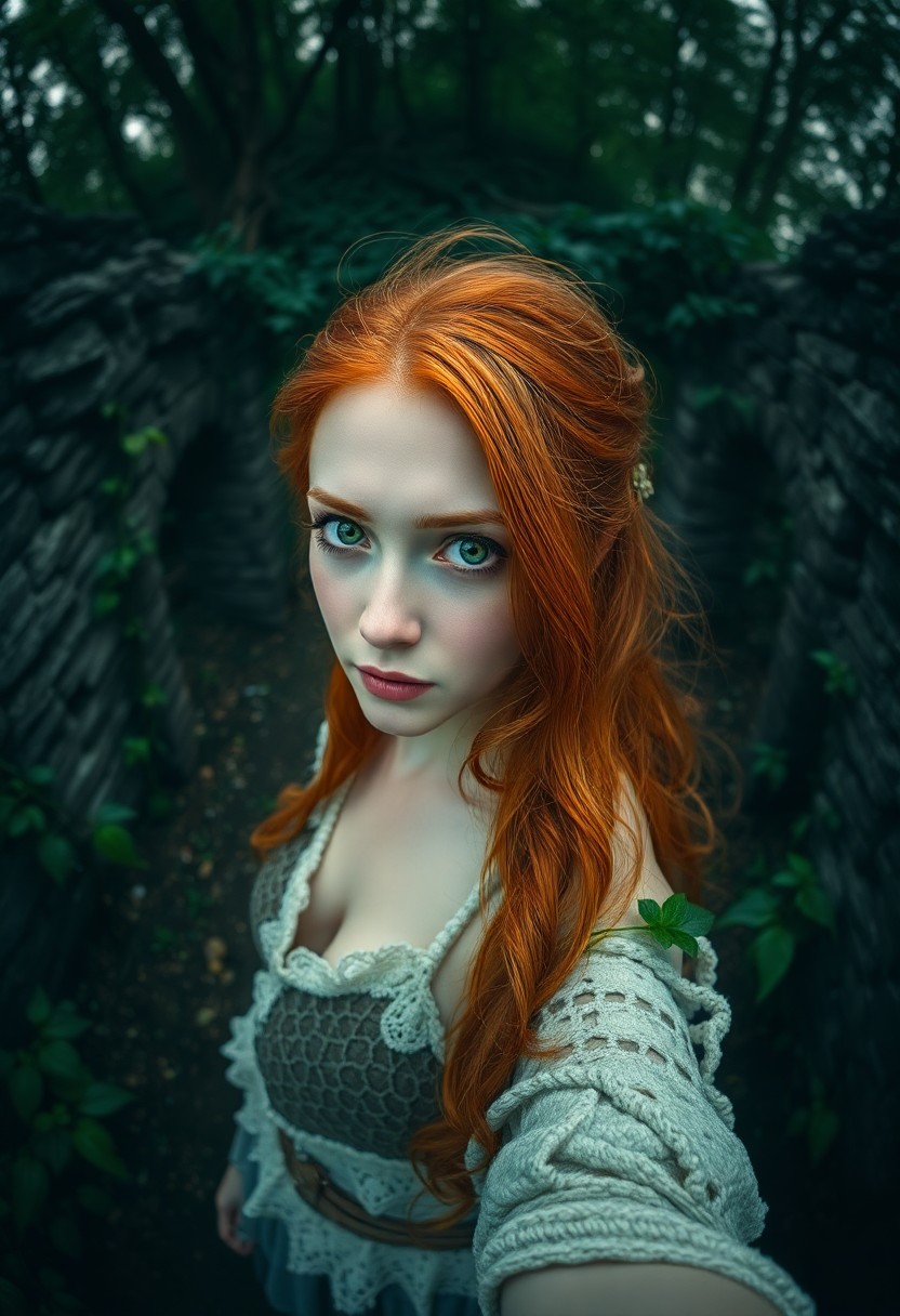 AI generated art for prompt: A captivating portrait photograph captures an enigmatic Celtic woman with mesmerizing green eyes and