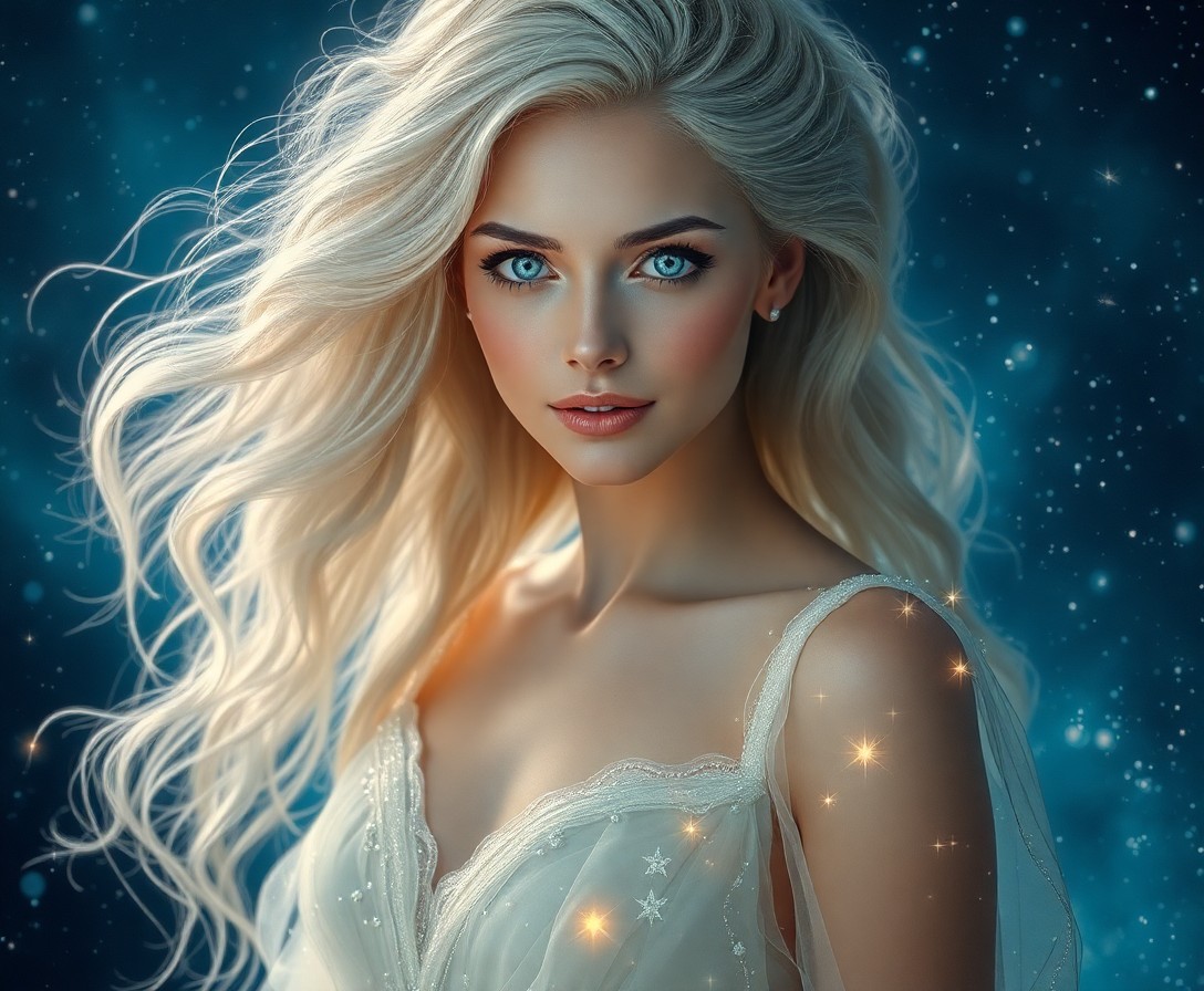 AI generated art for prompt: Imagine a photorealistic portrait of an ethereal celestial enchantress with cascading starlight hair