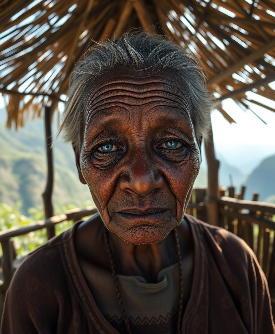 AI generated art for prompt: A hyperrealistic portrait depicts an elderly Melanesian woman from a remote mountain village, her wi