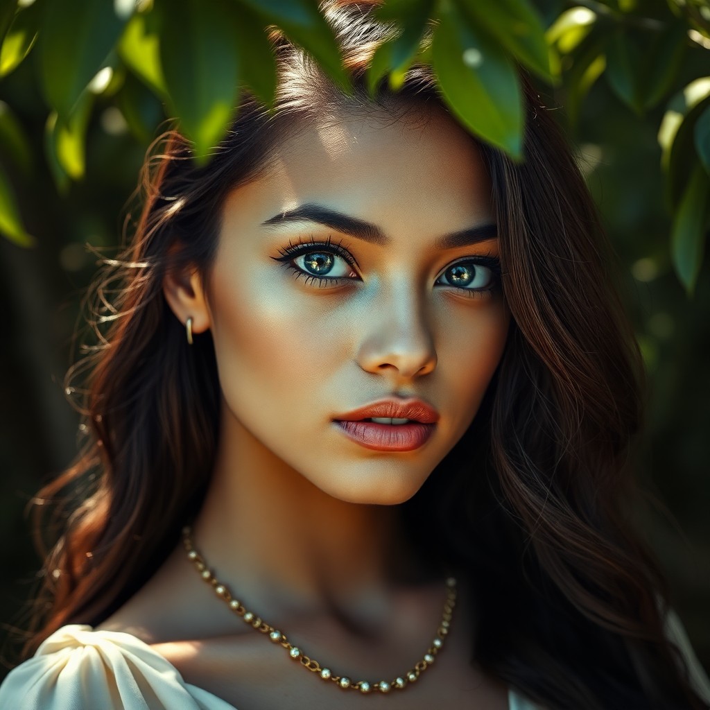 AI generated art for prompt: Captivating portrait of an enigmatic Micronesian woman with flawless porcelain skin. Her deep blue e