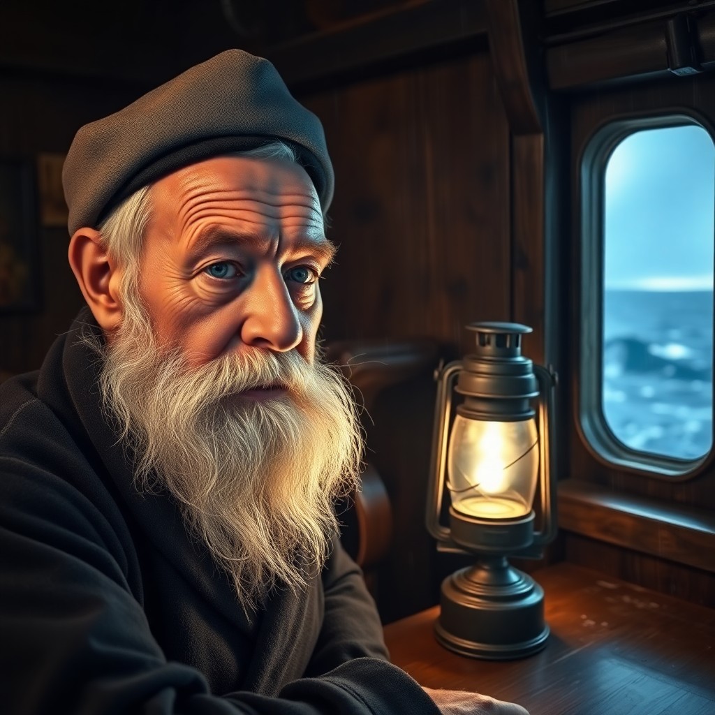 AI generated art for prompt: A portrait photograph captures an aged sailor with a wise, bygone expression, his calm blue eyes ref