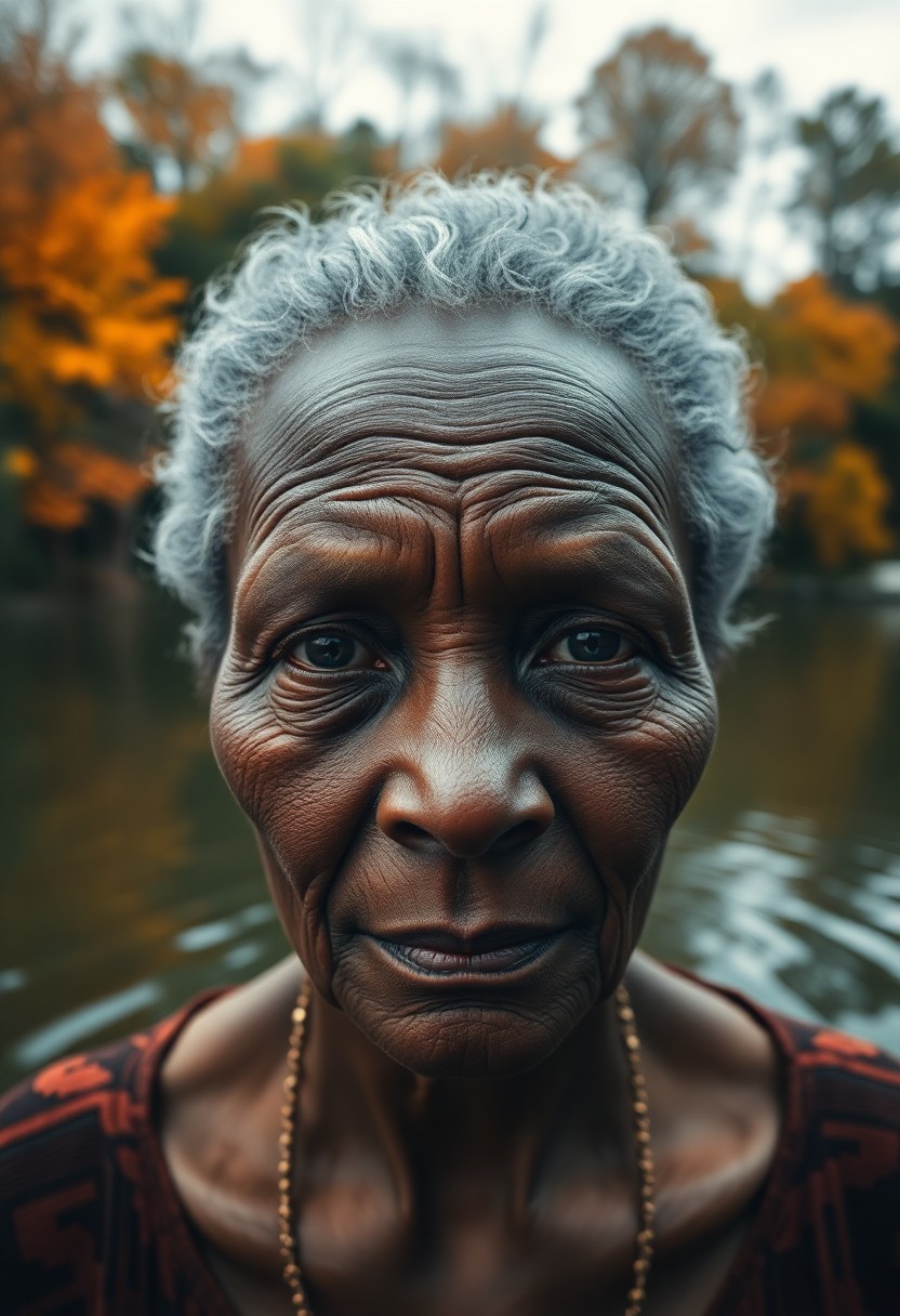 AI generated art for prompt: A serene lakeside portrait showcases an elderly African woman's delicate features, her furrowed skin