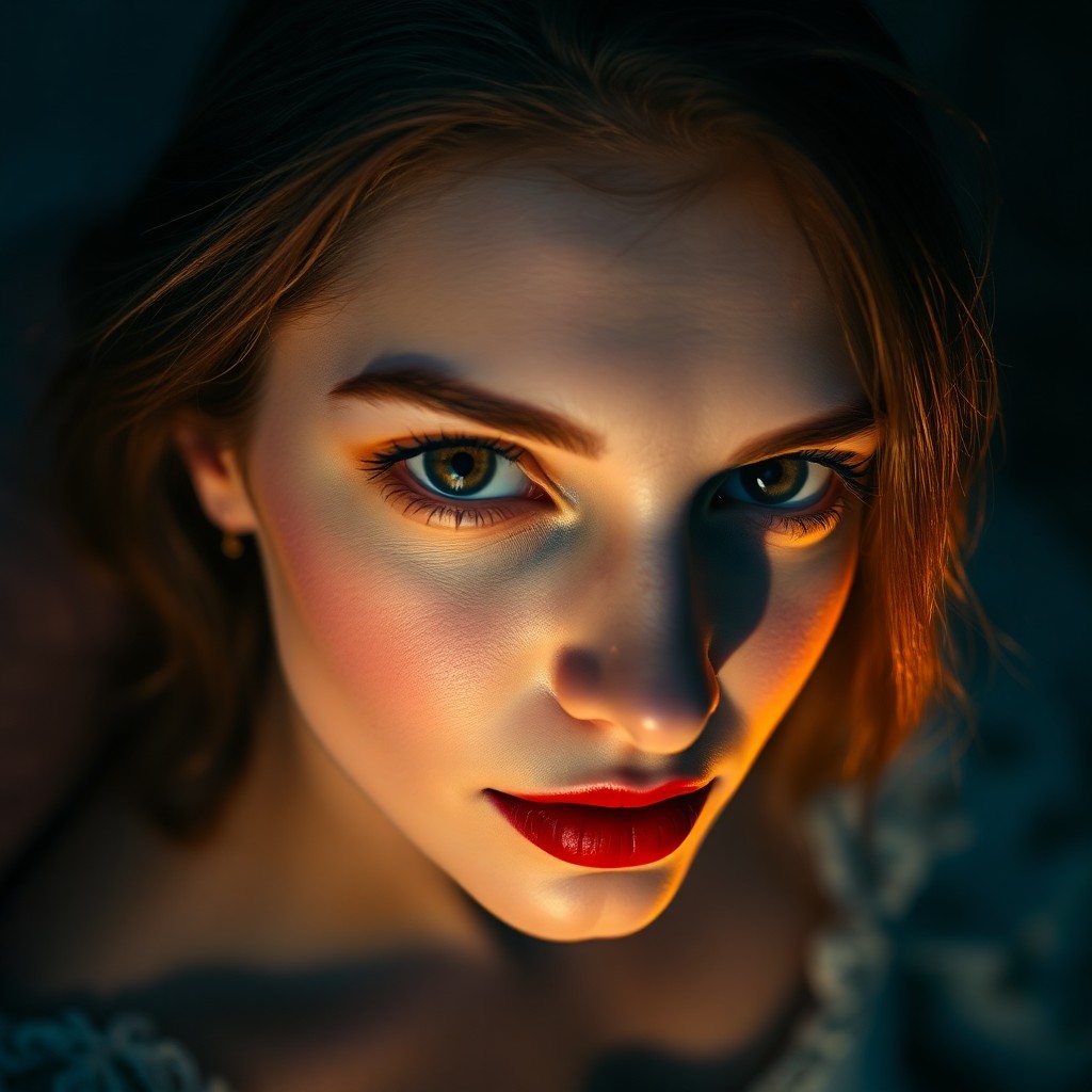 AI generated art for prompt: In a captivating portrait reminiscent of Rembrandt's dramatic lighting, a Southern European woman wi