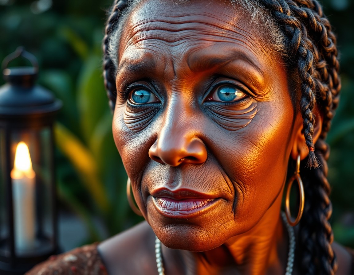 AI generated art for prompt: A captivating close-up portrait showcases a 45-year-old African American Native American woman with 