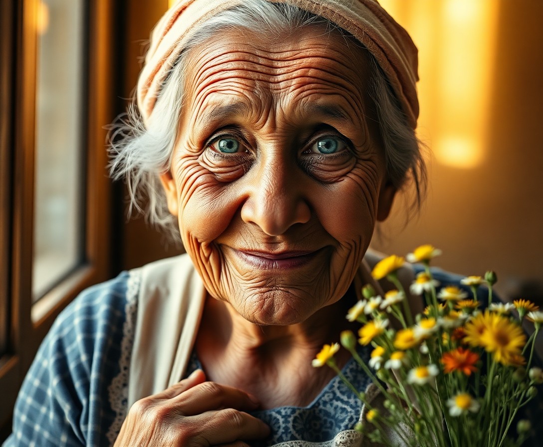 AI generated art for prompt: Craft a hyper-realistic portrait of an elderly South Asian woman captured in close-up, her wrinkled 