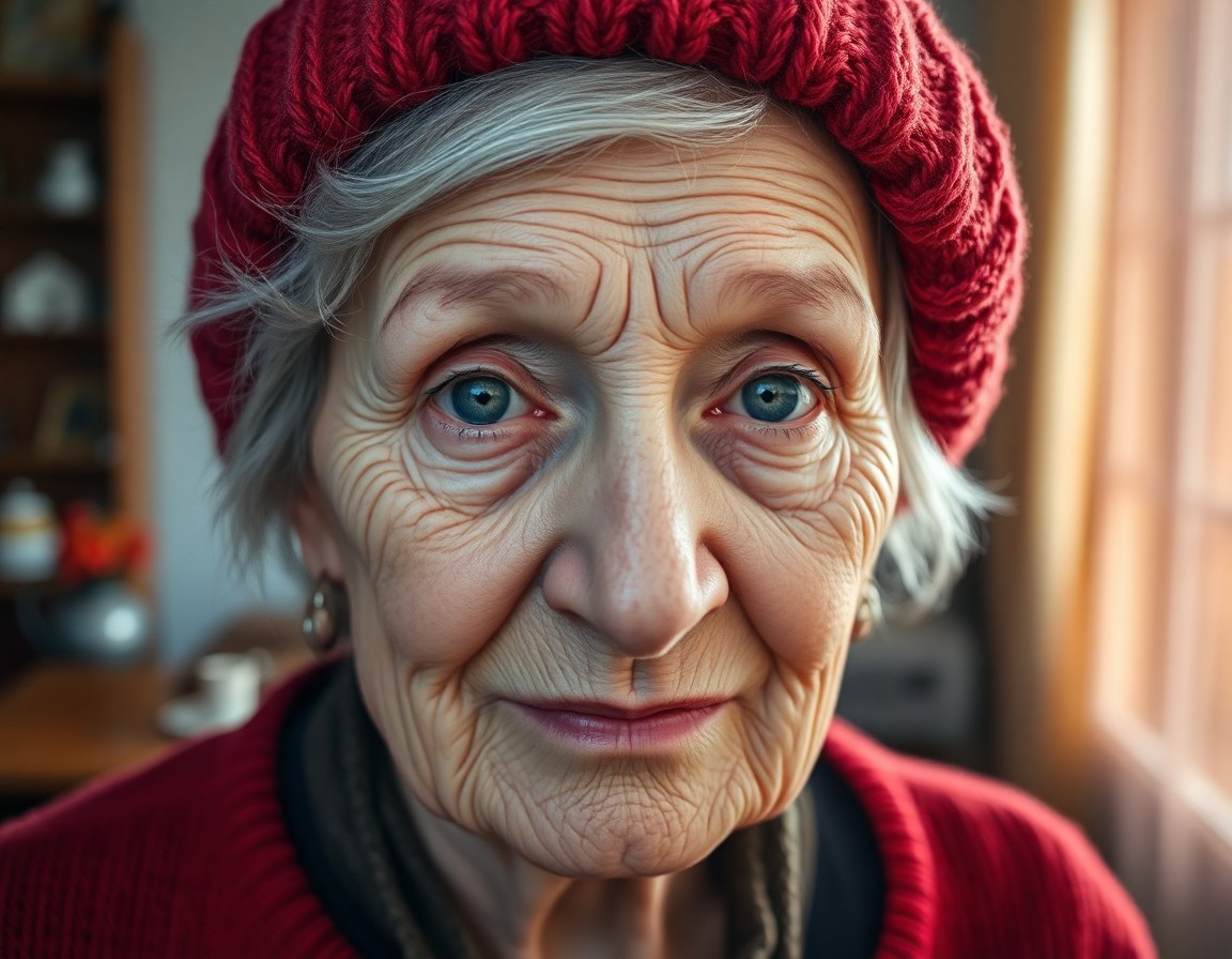 AI generated art for prompt: A photorealistic portrait photograph captures an elderly Caucasian woman's essence, her unfocused bl