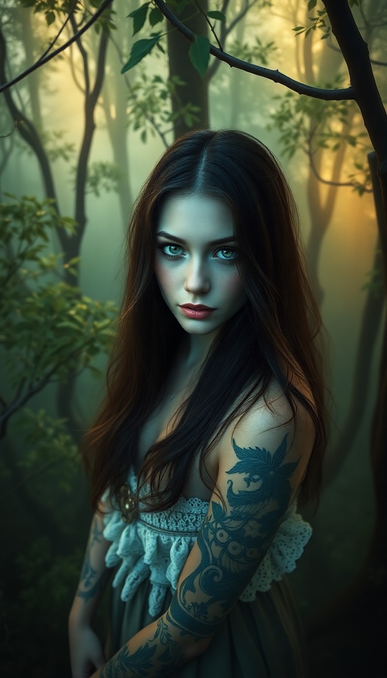 AI generated art for prompt: Craft a photorealistic digital portrait of an enigmatic Slavic woman with serene green eyes amidst a