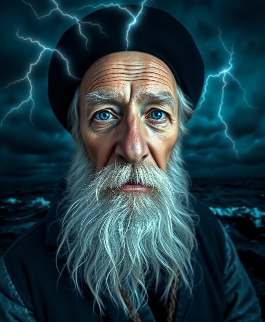 AI generated art for prompt: A captivating portrait of an elderly sea captain with compassionate blue eyes and a flowing white be