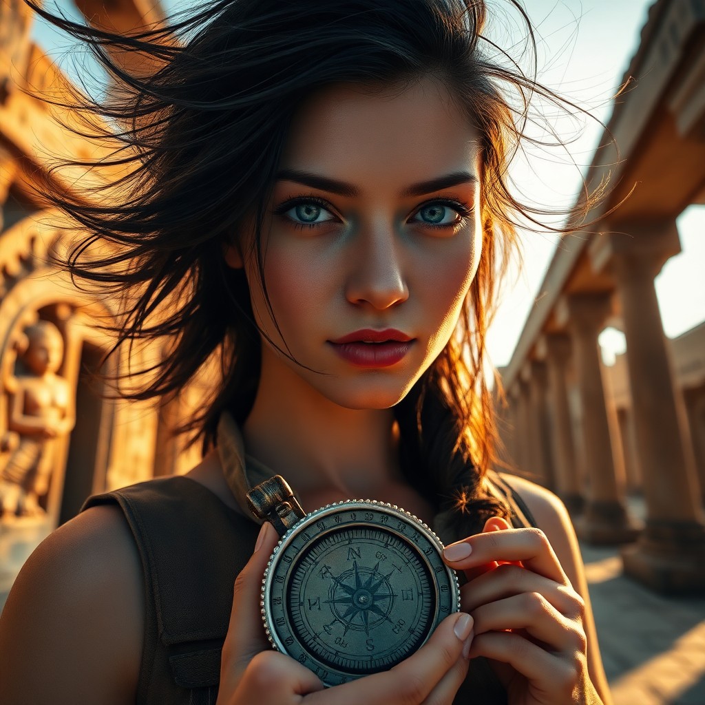 AI generated art for prompt: Envision a photorealistic portrait of an enigmatic female archaeologist with piercing green eyes and