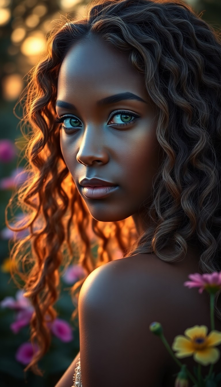 AI generated art for prompt: Envision a captivating portrait of a young Sub-Saharan African woman with cascading locks and tender