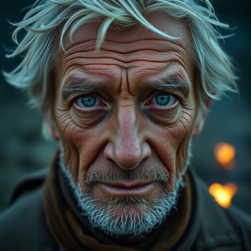 AI generated art for prompt: Imagine a photorealistic portrait of an elderly traveler with piercing blue eyes, weathered skin, an