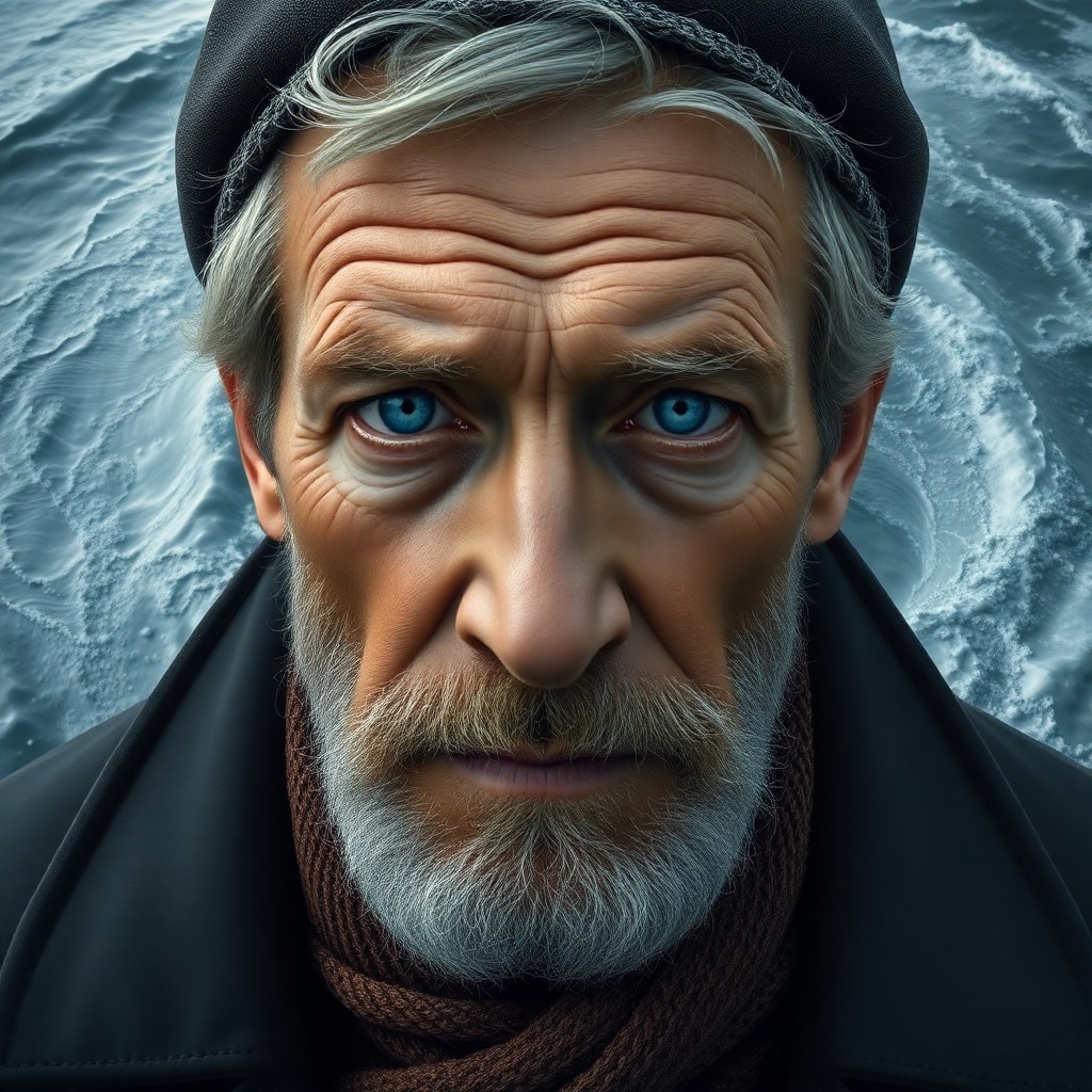 AI generated art for prompt: Imagine a photorealistic portrait of an aged sea captain with unfocused blue eyes and rugged feature