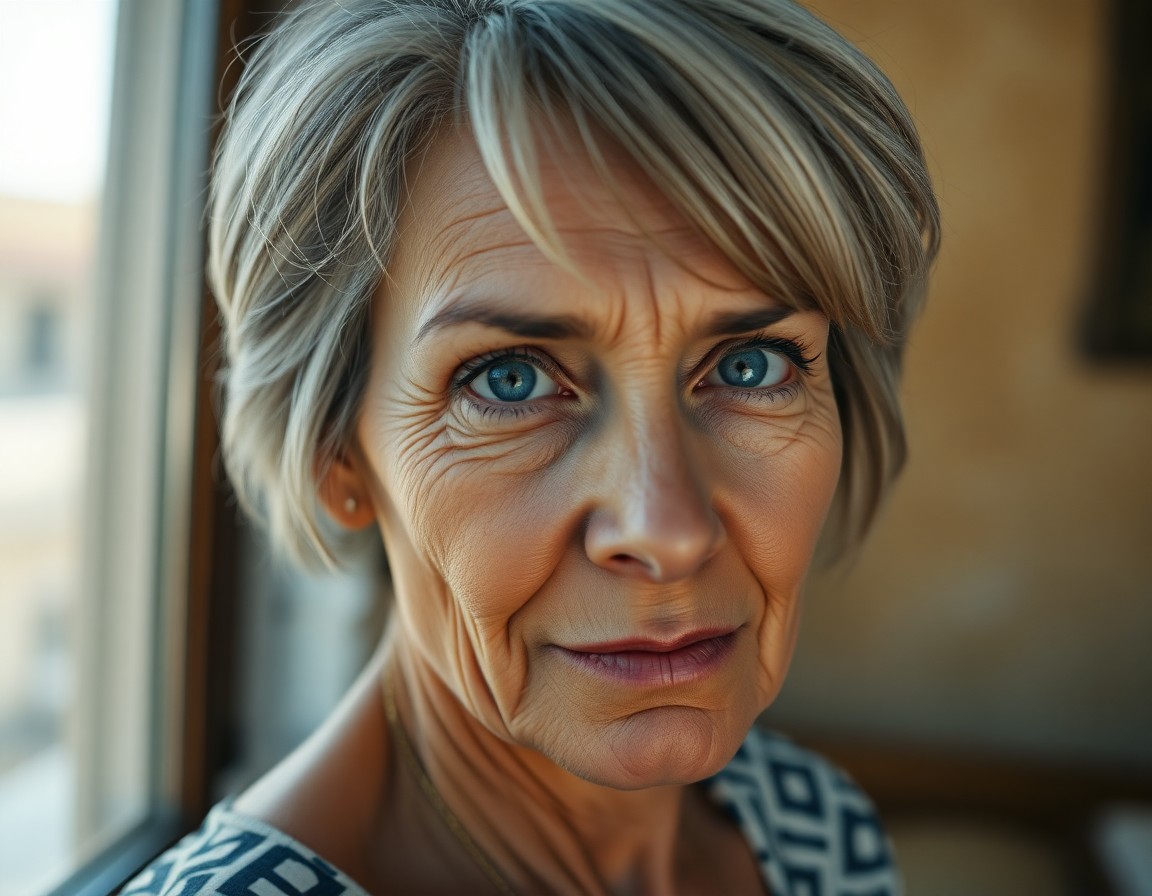 AI generated art for prompt: A photorealistic portrait of a middle-aged Mediterranean woman with hazy blue eyes and short hair st