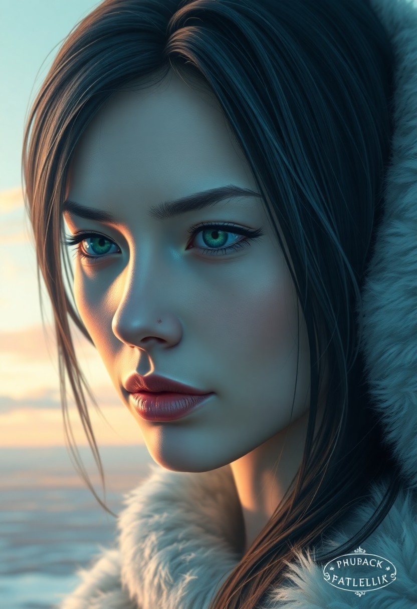 AI generated art for prompt: A highly detailed photorealistic portrait showcases an Inuit woman's enigmatic expression, her porce