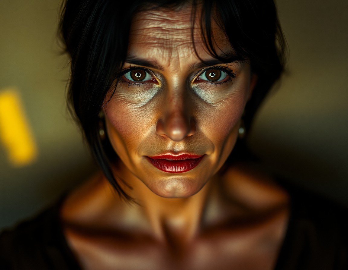 AI generated art for prompt: An ultra-realistic portrait of a middle-aged Mediterranean woman with captivating amber eyes and sho