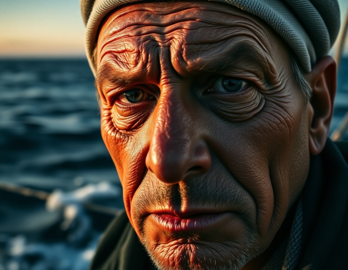 AI generated art for prompt: A photorealistic portrait of a weathered sailor with creased skin and deep-set eyes, his gaze embody